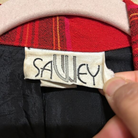 VTG Savvey Blazer Womens Medium Open Front Pockets  Red Plaid Rayon USA Academia - Picture 6 of 7